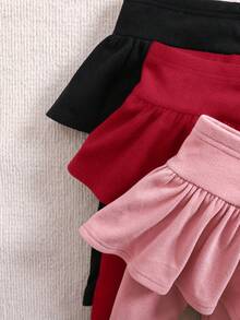 3pcs/Set Babygirl Cute Versatile Knitted Elastic Solid Color Ruffle Waist Pants, Autumn/Winter - Multicolor - View 3