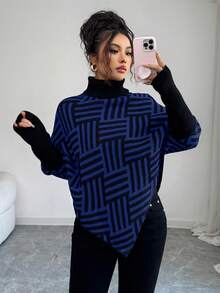Elenzga Women's Elegant High Neck Geometric Textured Poncho Sweater, Colorblock, Suitable For Home & Travel, Spring/Autumn - Blue - View 1