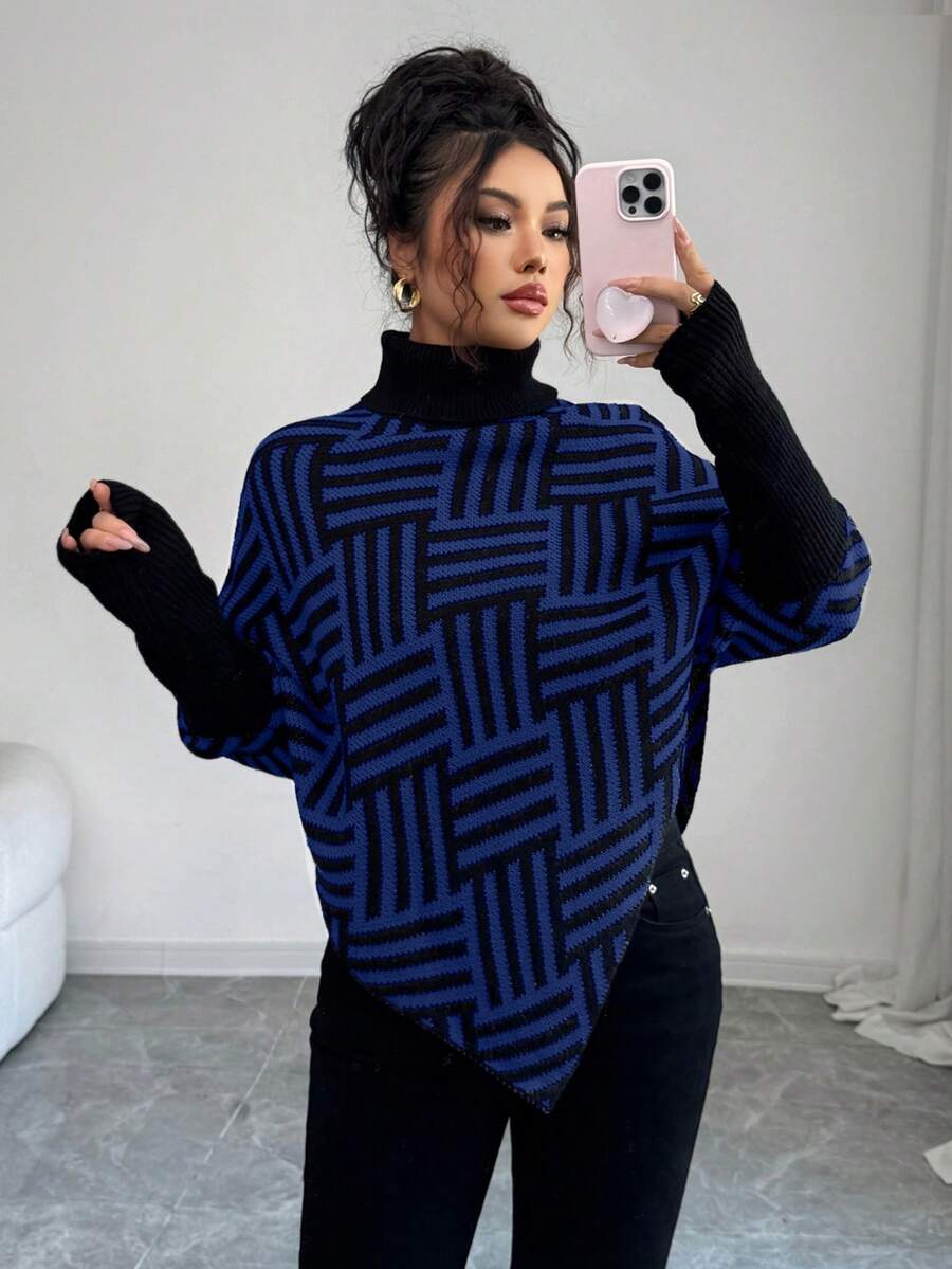 Elenzga Women's Elegant High Neck Geometric Textured Poncho Sweater, Colorblock, Suitable For Home & Travel, Spring/Autumn - Blue - View 1