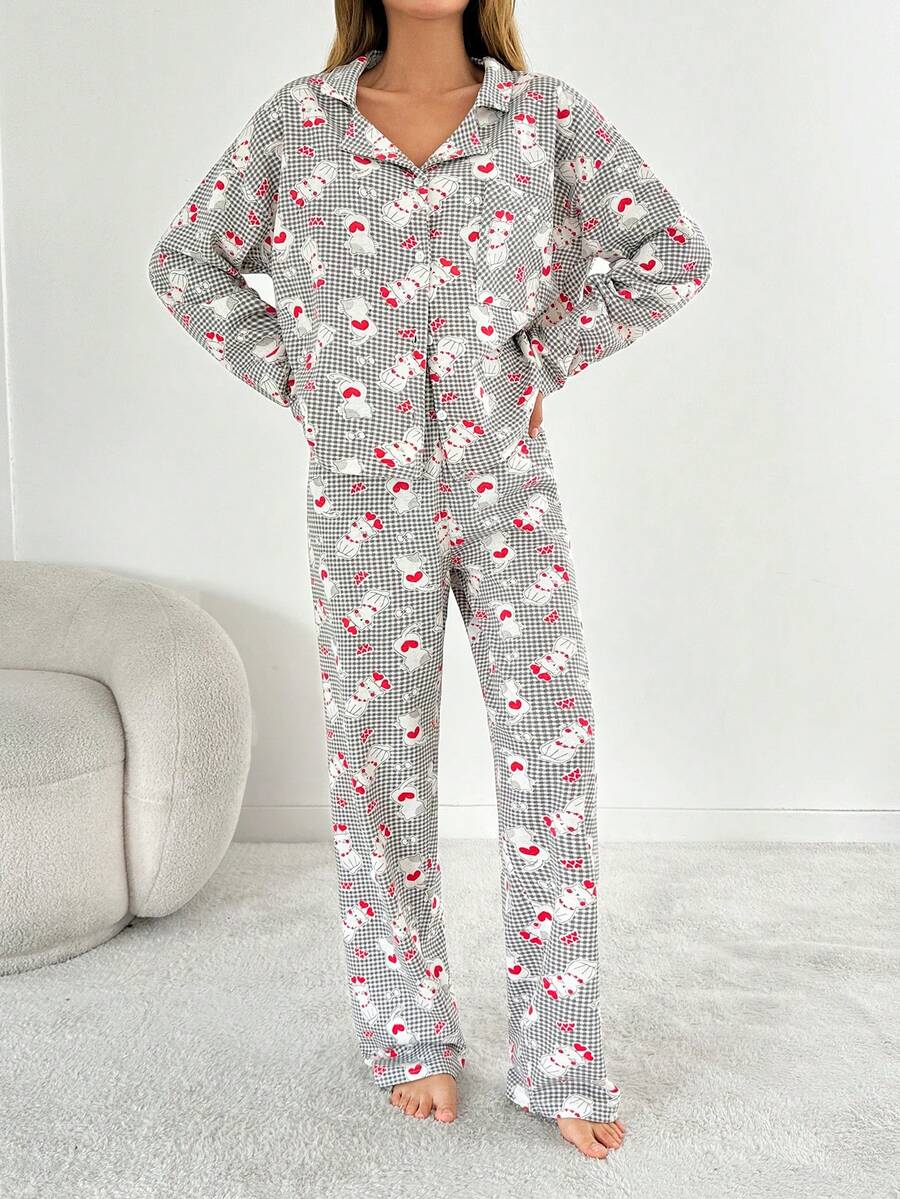 2Pcs Cotton Collar Detail Printed PJ Set - Multicolor - View 1