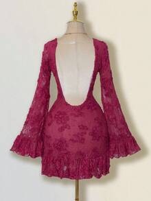 SHEIN ICON Women's Elegant Backless Lace Patchwork Flare Sleeve Ruffle Hem Mini Dress, Solid Cream Color - Hot Pink - View 10