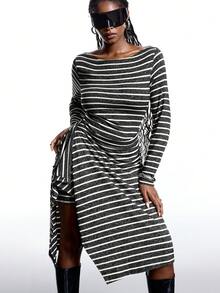 LYSMO Váy kẻ sọc tay dài viền bất đối xứng cỡ lớn, mùa thu - Đen và trắng - Xem 3