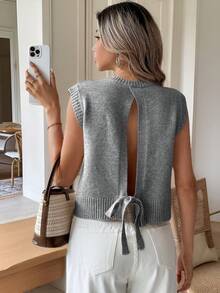 Serisse Áo vest lưới dệt kim hoa hở lưng buộc dây dành cho nữ - Màu xám đen - Xem 5