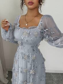 Elenzga Women's Elegant Vintage Charming Princess Gentle Lady Mesh Long Sleeve Square Collar Waist Gathered A-Line Flared Hem Solid Color 3D Floral Embroidered Mesh Dress - Grey - View 7