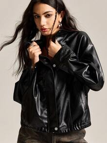 Easelle Women's Fashionable Short Faux Fur Coat, Black And White, Black PU Patchwork Fur Collar Coat, Autumn And Winter Black 2025