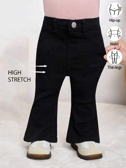 SHEIN Infant/Baby Girl Black Denim Stretch Flare Pants,Baby Girl Cute Bell Bottom,Girls  Fleece Warm Vest,Fall Clothes,Winter Clothing ,Casual And Fashionable Vacation Outfits,Girl Black Denim Jeans,Girl Christmas Jeans