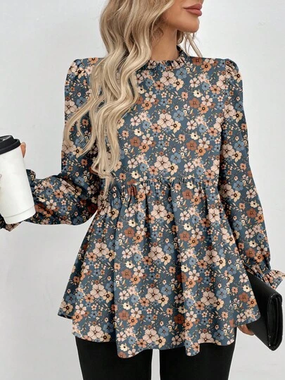 SHEIN LUNE 立领、荷叶边袖口和下摆、A 字罩衫、休闲办公室优雅户外浪漫花卉长袖女式衬衫，秋冬