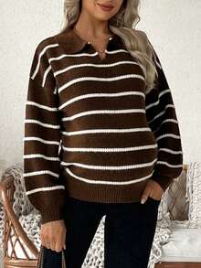 SHEIN Maternity Casual Striped Lapel Drop Shoulder Loose Knit Sweater, Autumn/Winter - Chocolate Brown - View 1