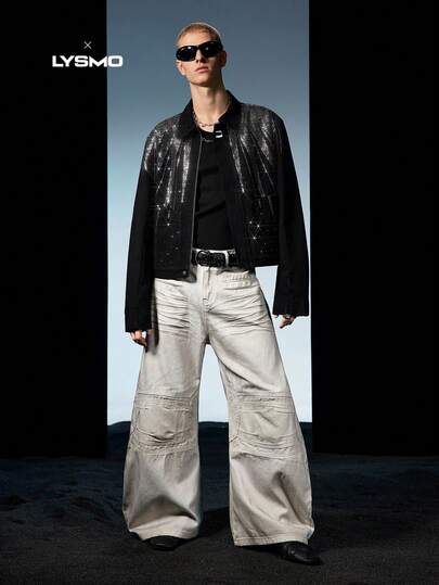 NEON BLANC Men's Long Sleeve Rhinestone Denim Jacket, For Fall