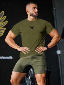 Manfinity Sport Corelite 男士舒适短袖运动压缩T恤健身上衣篮球服男士我爱我的男朋友图案男士T恤男士慢跑修身衬衫圆领 - 軍綠色 - 查看 5