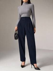 Heiryn Women's Button Design Pleated Loose Straight Leg Pants - Navy Blue - View 5