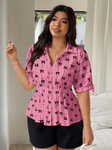 Vionelle Camisa casual de mujer talla grande con estampado de lazo, manga corta, abotonadura sencilla y cintura ceñida, top plisado rosa pastel de verano, camisa linda para uso diario - Multicolor - Ver 5