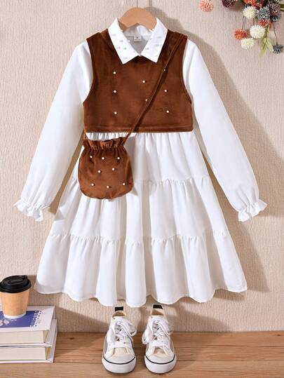 SHEIN 3 件女童珍珠装饰背心 + 白色长袖休闲衬衫连衣裙套装（含 1 个斜挎包），秋冬