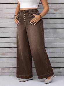 EMERY ROSE Plus Size Casual Everyday Washed Button Fly Wide Leg Jeans, Autumn - Coffee Brown - View 9