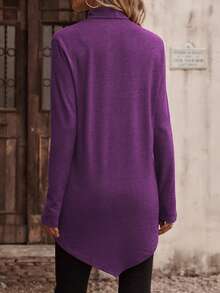 SHEIN LUNE Women's Casual Everyday Commute Minimalist Solid Color Turtleneck Long Sleeve Loose T-Shirt, Autumn/Winter - Red Violet - View 2