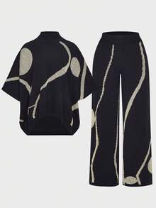 SHEIN PETITE 女式宽松蝙蝠袖立领针织上衣和阔腿裤两件套，秋冬 - 黑色 - 查看 5