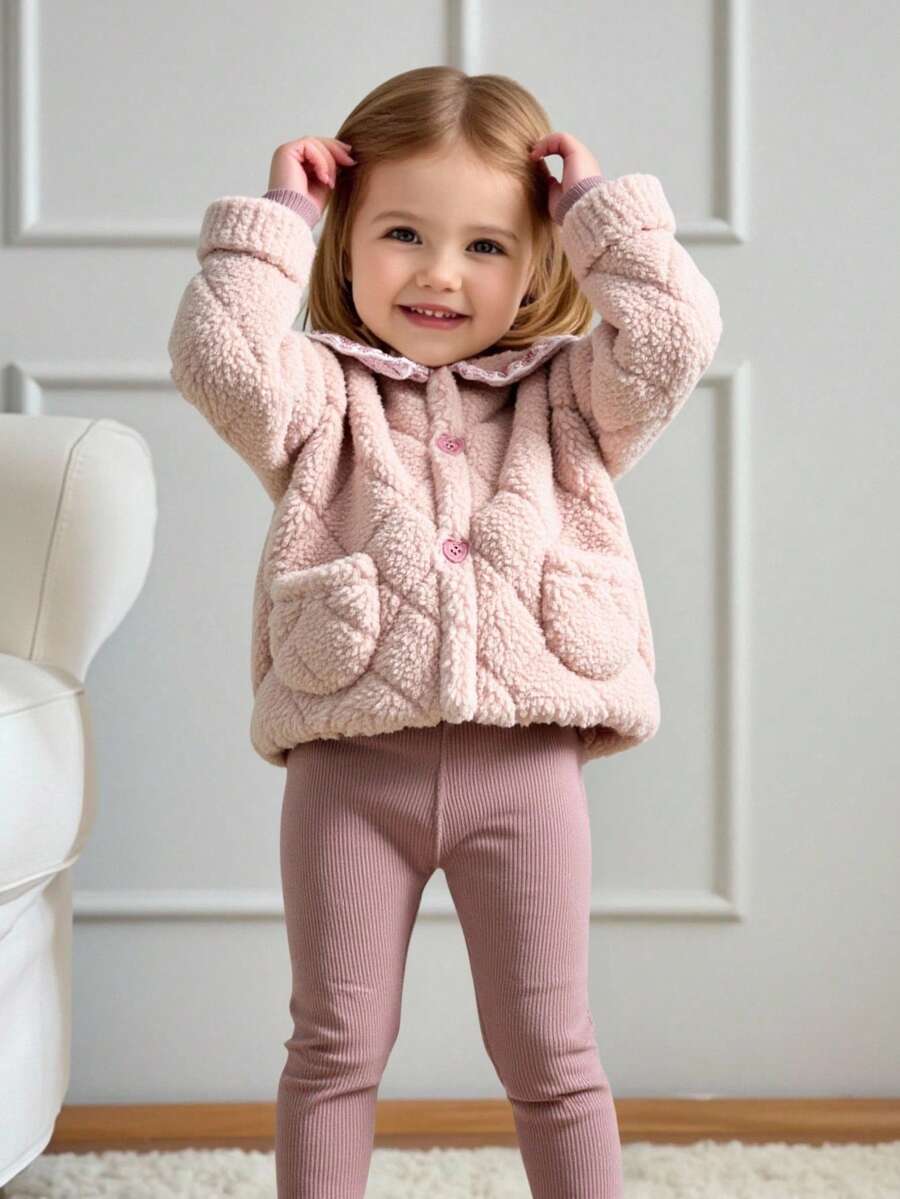 Souflis Souflis 2 Stücke Set: Lässige Jacke mit Fleecekragen und klassische normale Hose, geeignet für Schule, Ausflüge und zum Spielen, Mädchen-Kleinkind-Outfit, Baby-Winter-Sets für Mädchen, warme Baby-Mädchen-Kleidung, Kleinkind-Winterkleidung, 2 Stücke Baby-Set für Herbst und Winter