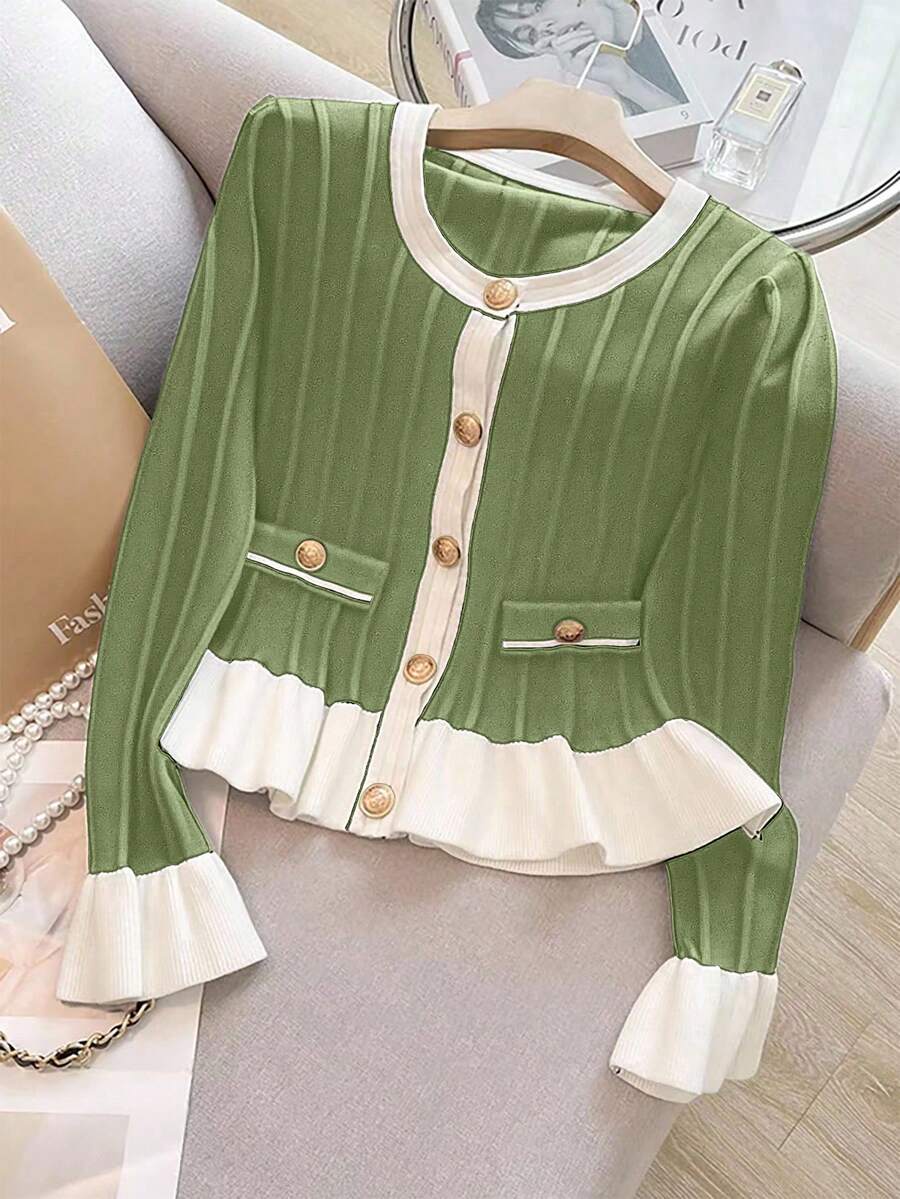 Franclia Women's New Gentle Elegant Flare Sleeve Ruffled Hem Cardigan, Spring/Autumn - Olive Green - View 1