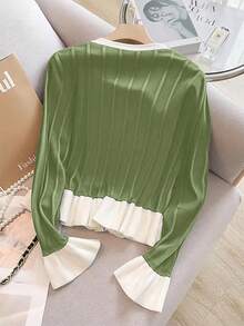 Franclia Women's New Gentle Elegant Flare Sleeve Ruffled Hem Cardigan, Spring/Autumn - Olive Green - View 2