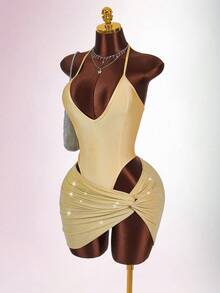 Amplova Conjunto de mono cómodo de color metálico y minifalda con brillo para mujer