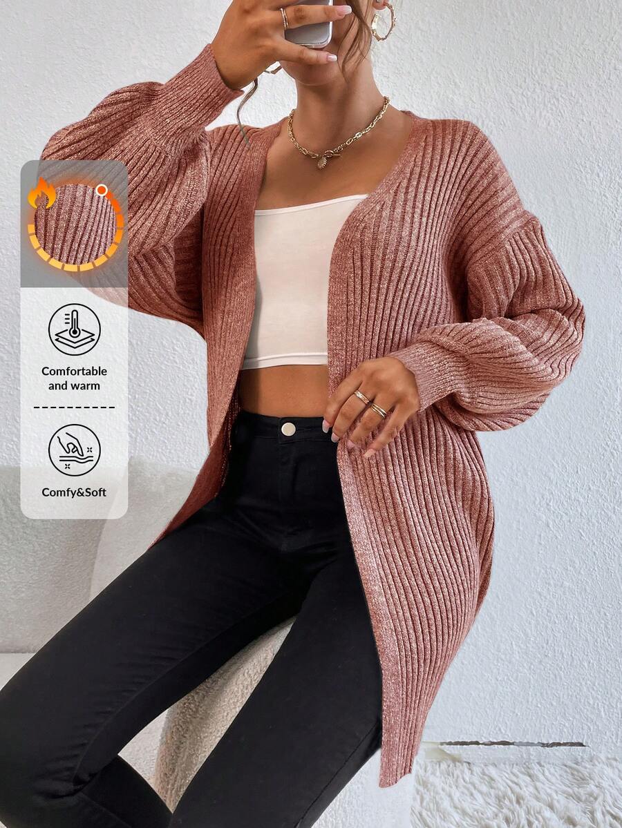 EURMUSE Ribbed Knit Drop Shoulder Open Front Cardigan - Pink - View 1