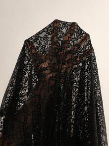 EMERY ROSE Plus Size Elegant Romantic Black U-Neck Pearl Decor Lace Patchwork Puff Sleeve Long Sleeve Fitted Maxi Dress, Spring/Autumn - Black - View 6