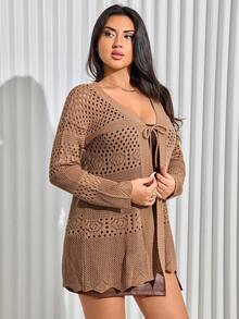 EURMUSE Plus Size Solid Color Hollow Out Knit Cardigan, Casual For Autumn - Mocha Brown - View 5