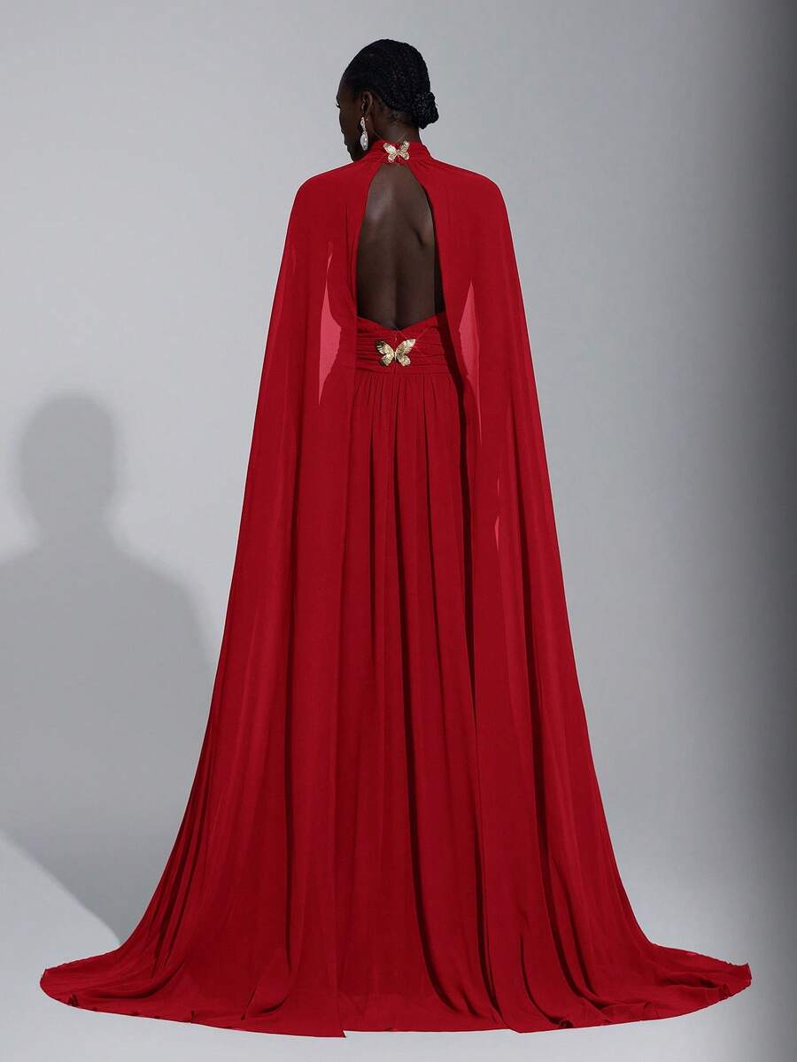 Elitara Elegant Luxurious Dark Coffee Chiffon Handmade Metal Butterfly Decor Stand Collar Flare Sleeve Sexy Open Back Women's Formal Evening Gown - Red - View 1