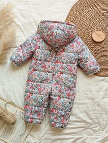 SHEIN Vintaside Kids 女婴连帽连体衣，蓬松可爱碎花图案，冬季款 - 彩色 - 查看 2
