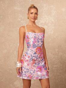Lumalex Summer Sequin Floral Backless Mini Dress For Women Beach Club Night Out Holiday Party Pink Graduation Dress Rave Sexy - Pink - View 9