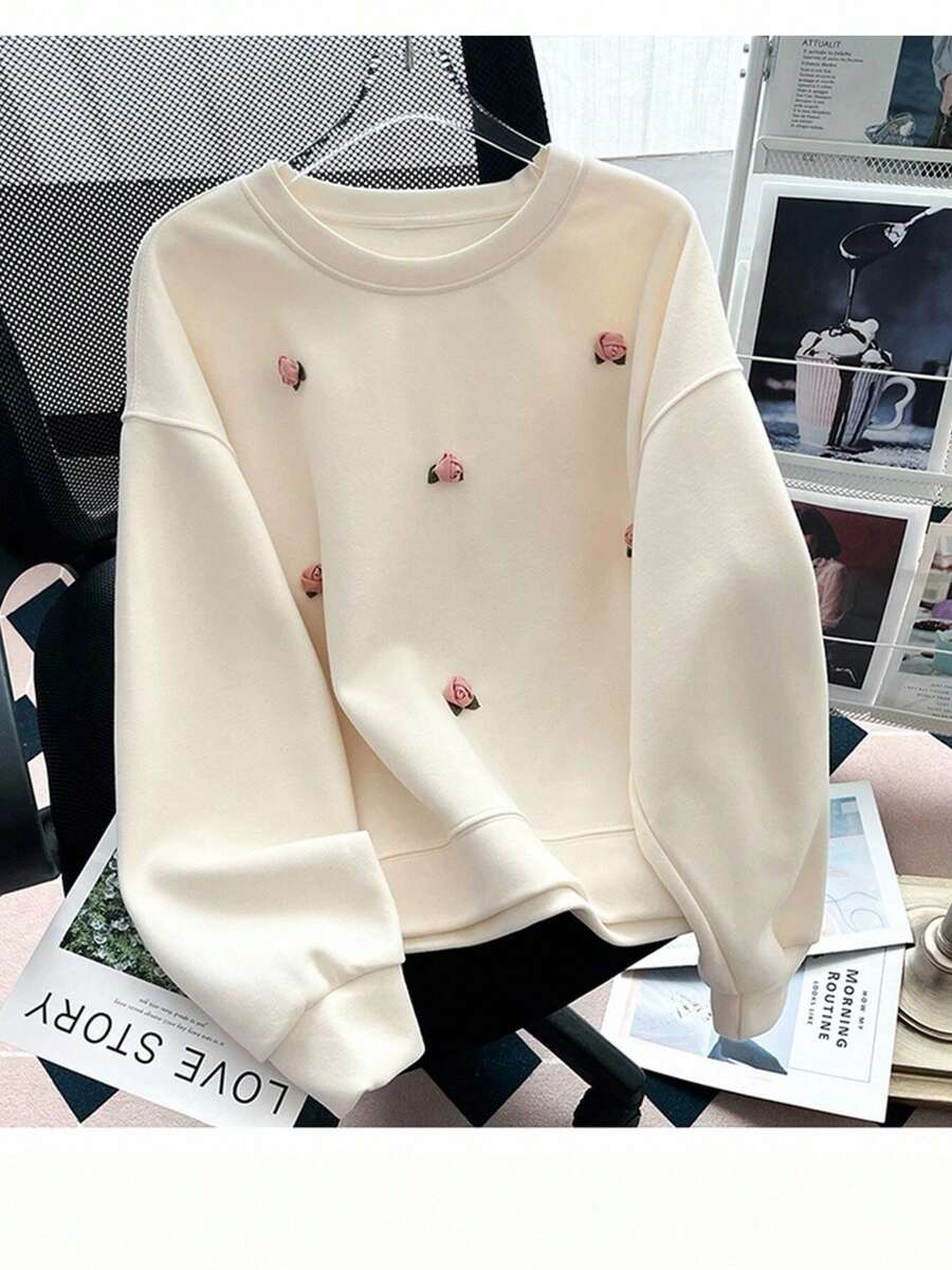 Resyla 女式休闲圆领落肩长袖运动衫，带 3D 花卉装饰，秋冬