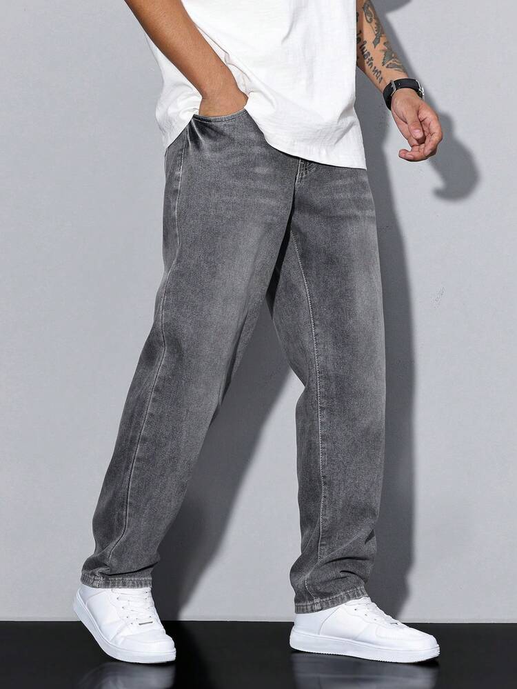 Manfinity Homme Calça Denim Masculina de Perna Reta Casual Combinável de Cor Sólida com Bolso - Cinza - Visão 5