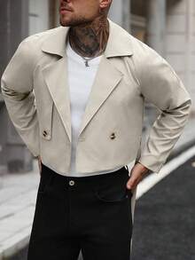 Manfinity Homme 男士前扣长袖口袋简约休闲风衣，外穿法兰绒短款风衣，适合送给朋友、老公、男朋友的礼物 - 杏色 - 查看 6