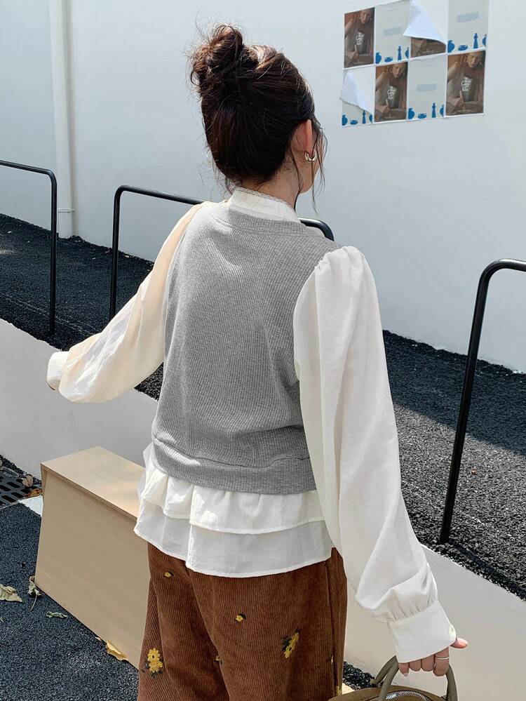 Dazy Plus Contrast Color Block Lantern Sleeve Doll Hem Crew Neck Casual Long Sleeve Plus Size Women T-Shirt, Spring/Autumn