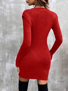 EMERY ROSE 女式休闲纯色V领修身毛衣裙，秋冬 - 紅色 - 查看 2