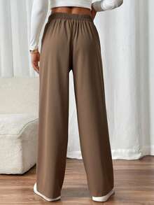 SHEIN PETITE CURVE 大码女式双扣直筒优雅通勤裤 女式休闲裤 高腰裤 褶皱阔腿裤 棕色女裤 棕色阔腿裤