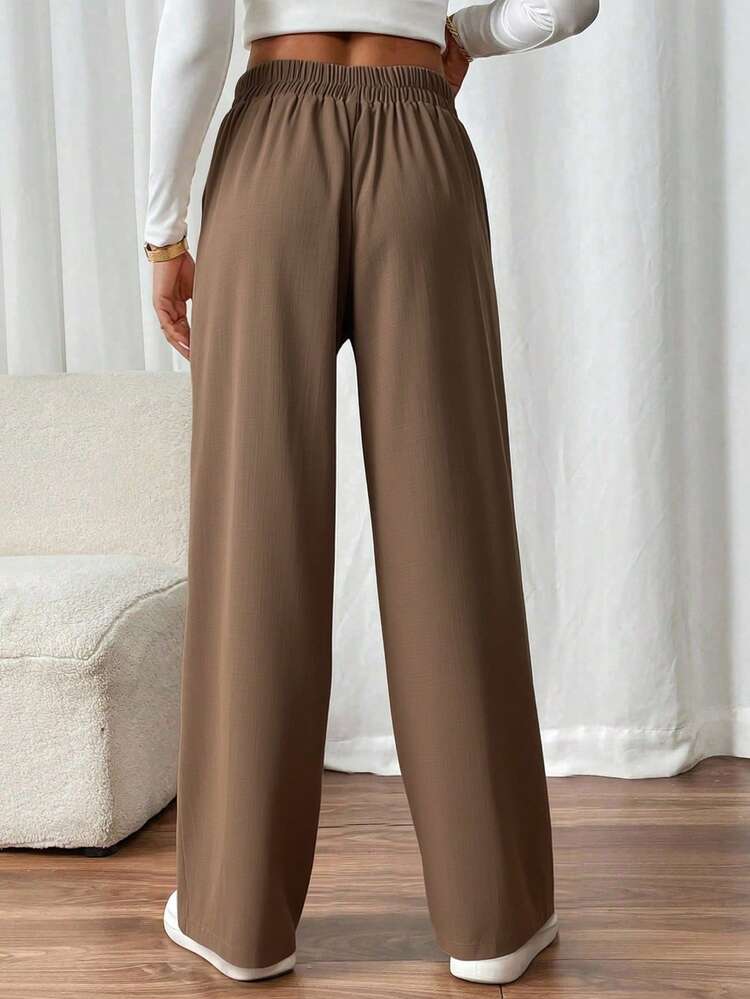 SHEIN PETITE CURVE Pantaloni eleganti da pendolare a gamba dritta con doppia fibbia per donne taglie forti, pantaloni casual da donna in vita alta, pantaloni a gamba ampia plissettati, pantaloni marroni per donne, pantaloni a gamba ampia marroni - Castano - Visualizzare 2