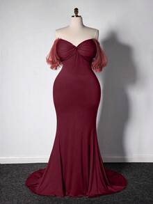 Grovea 优雅高端收腰奢华美人鱼长裙 - 酒紅色 - 查看 6