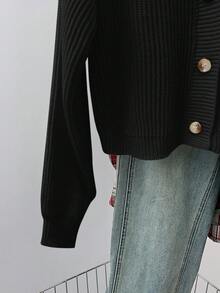 SHEIN Teen Girls' Solid V-Neck Cropped Casual Loose Drop Shoulder Long Sleeve Cardigan Sweater, Autumn - Black - View 6