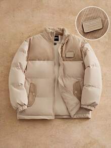 Manfinity NXTstreet 男士字母刺绣拉链休闲冬季夹克 - 卡其色 - 查看 2