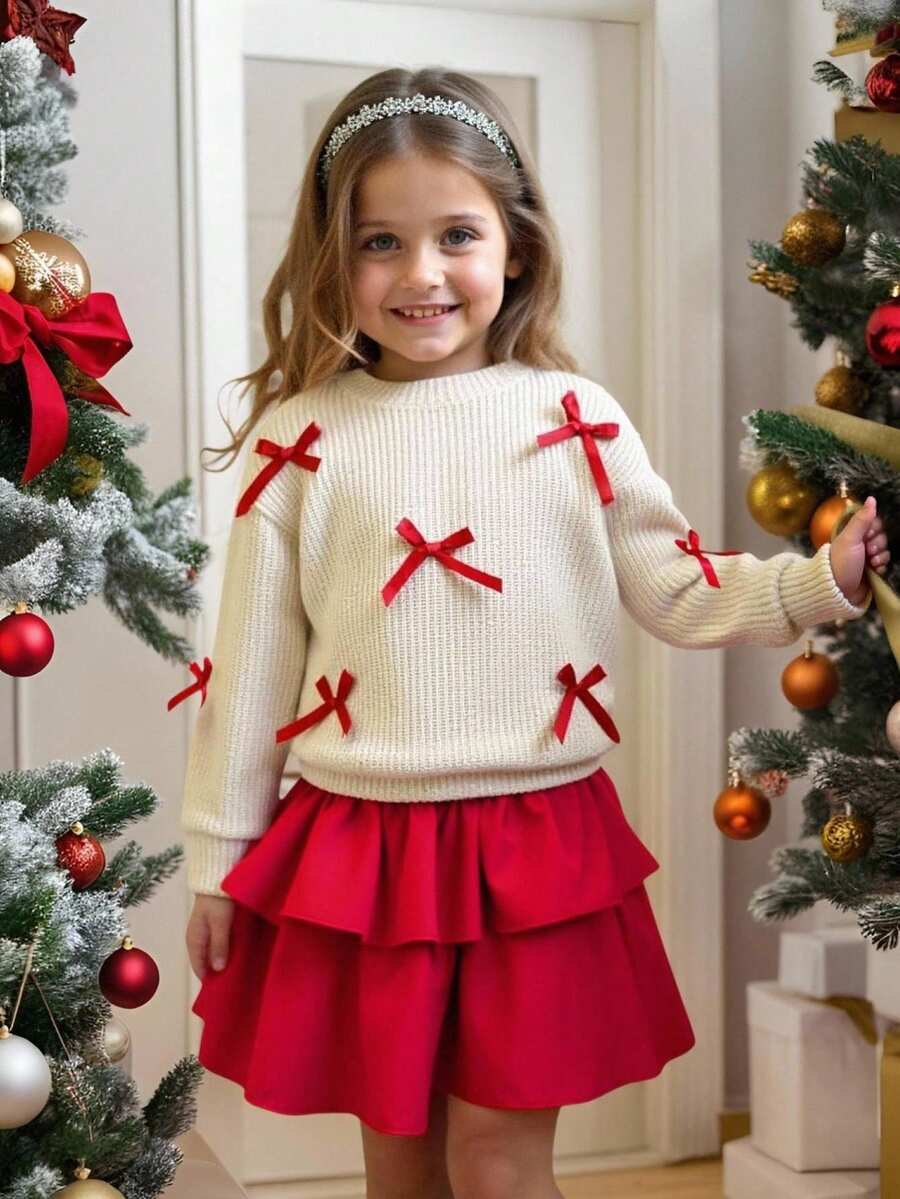 SHEIN Playful Pals 2pcs/Set Girls Knitted Crew Neck Long Sleeve Sweatshirt With Butterfly Decor & Mini Cake Skirt,Polyester,Machine Washable,Back To School,Christmas - Multicolor - View 1