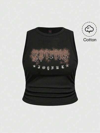 ROMWE Grunge Punk Punk Babe Vintage Sexy Black & Coffee Slogan Distressed Plus Size Camisole