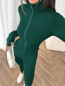 SHEIN EZwear Green Knit Women Zip-Up Cardigan + Camisole + Pants 3Pcs Sportswear Set Green 3 Piece Set Green Set Women 3 Piece Set Women Green 2 Piece Set Woman 3 Piece Outfits Green Lounge Set - Dark Green - View 6