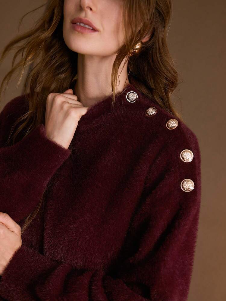 WOMEN'S MOCK NECK GOLD COLOR BUTTON DETAIL FLUFFY KNIT SWEATER, AUTUMN/WINTER