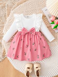 SHEIN Souflis Kleinkind Mädchen Rippkord Kleid mit Schleife, Blumen Rüschen Saum, Lässig Kleid, süß und niedlich für den Alltag und Urlaub