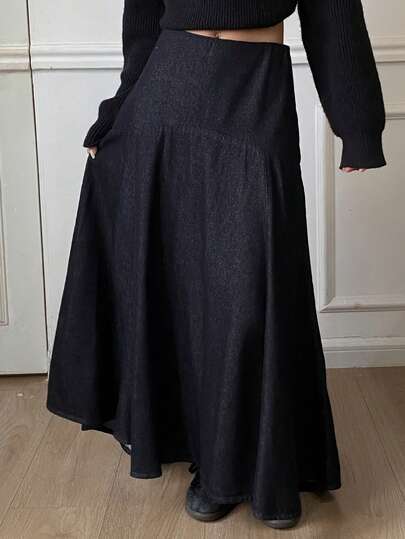 DAZY Women's Solid Color Fashion Long Versatile Autumn Flared Denim Skirt