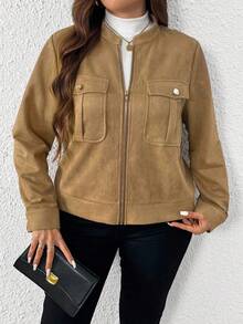 SHEIN Tall Damen Jacke in Große Größen, lässig, locker, mit Brusttasche, Stehkragen, Reißverschluss, Langarm, für Herbst/Winter