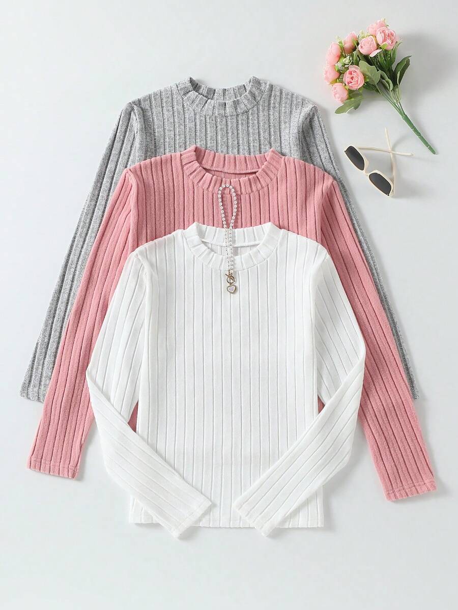 Sparklyn 3 件套青少年女孩休闲纯色圆领长袖拉绒罗纹针织 T 恤，秋季