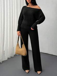 EURMUSE Solid Color Holo Out Batwing Sleeve Sweater, Spring/Fall Season, Long Sleeve Top And Sweater Pant 2pcs Set - Black - View 4