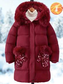 SHEIN 1 件中长款连帽棉衣，带毛领、口袋和亮片装饰，拉链开合，时尚冬季外套